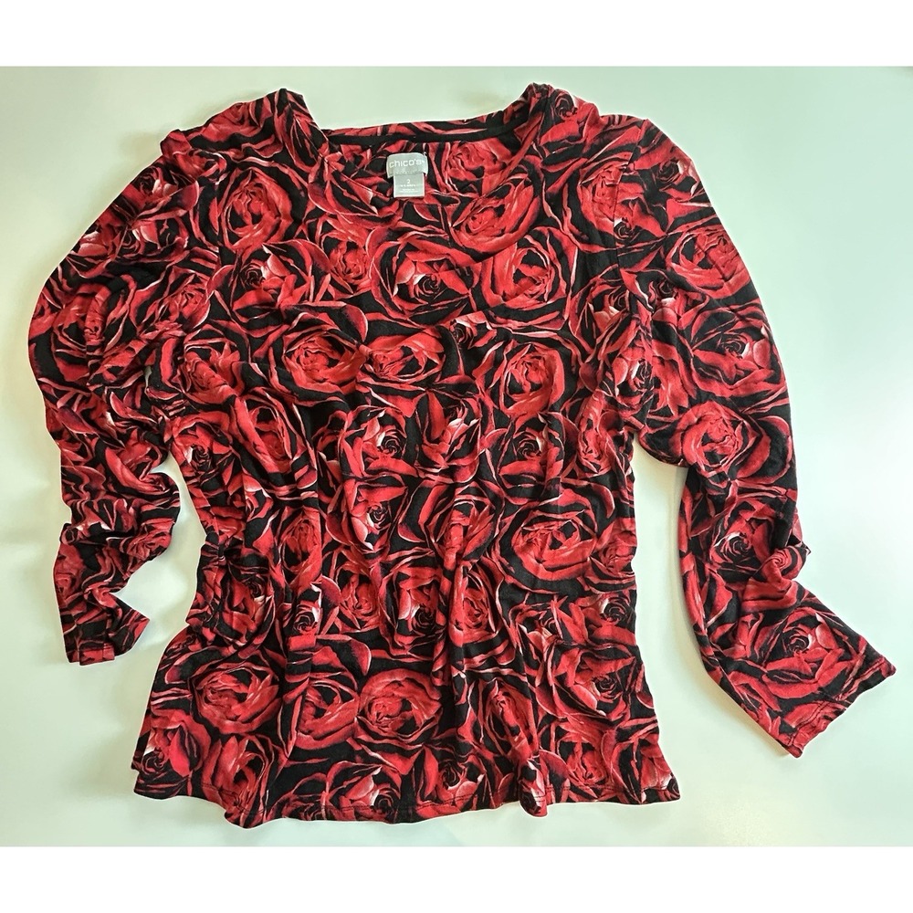 PRETTY Chico's "Roses Collage" Women's Long Sleeve Top-Size 2 Stretch